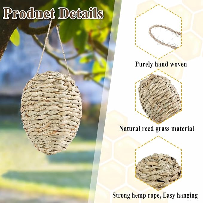 2 Pack Large Fake Wasp Nest Decoy, Woven Reed Wasp Hornet Decoys, Waterproof Faux Hornets Nest, Outdoor Hanging Decoration for Patio, Garden, Eaves
