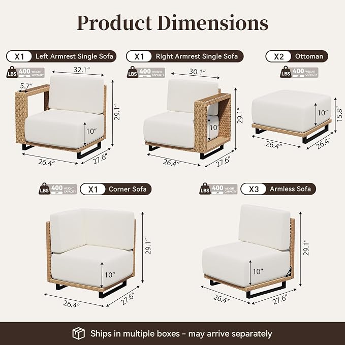 LazySunsets Patio Furniture Set, Wicker Outdoor Sectional Sofa with 10'' Ultra-Thick Cushions & Ottomans, All-Weather Rattan Conversation Set for Backyard Poolside, Yellow/Beige 8 Pieces