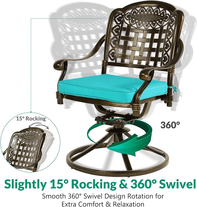 VIVIJASON 9-Piece Outdoor Dining Set, Cast Aluminum Patio Table & Chair Furniture Set, Include 94.5" Rectangular Table, 2 Swivel Rocker Chairs, 6 Stationary Chairs, Umbrella Hole, Ocean Blue Cushion