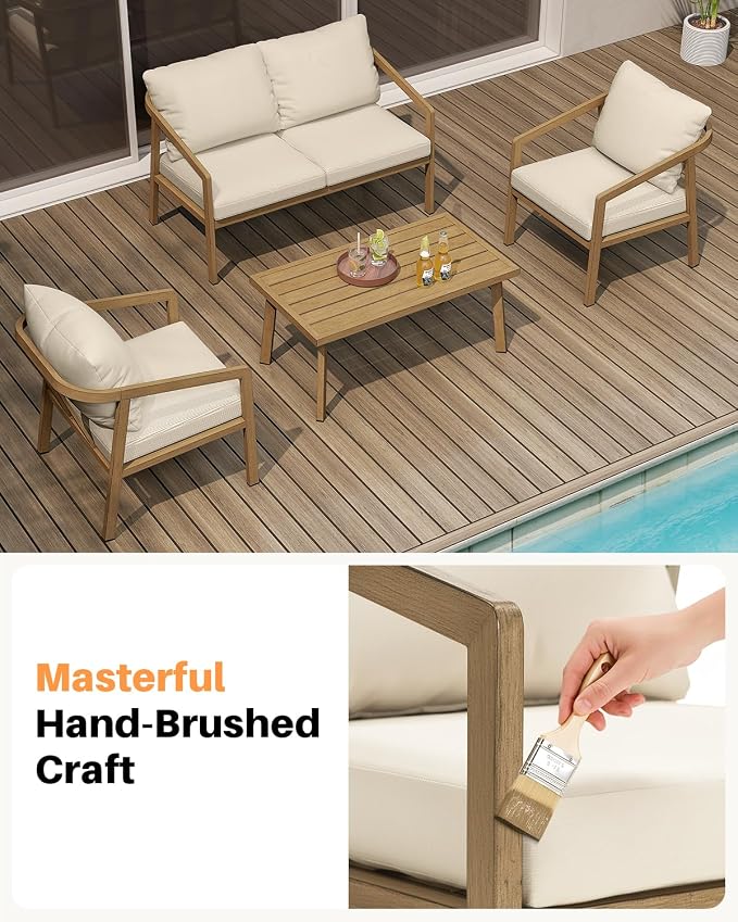 4 Pieces Outdoor Sofa Set, Never-Rust Aluminum Patio Conversation Set with Removable Cushions, Patio Furniture Set with Patio Loveseat, 2 Sofa Armchairs and Coffee Table for Pool, Deck, Teak