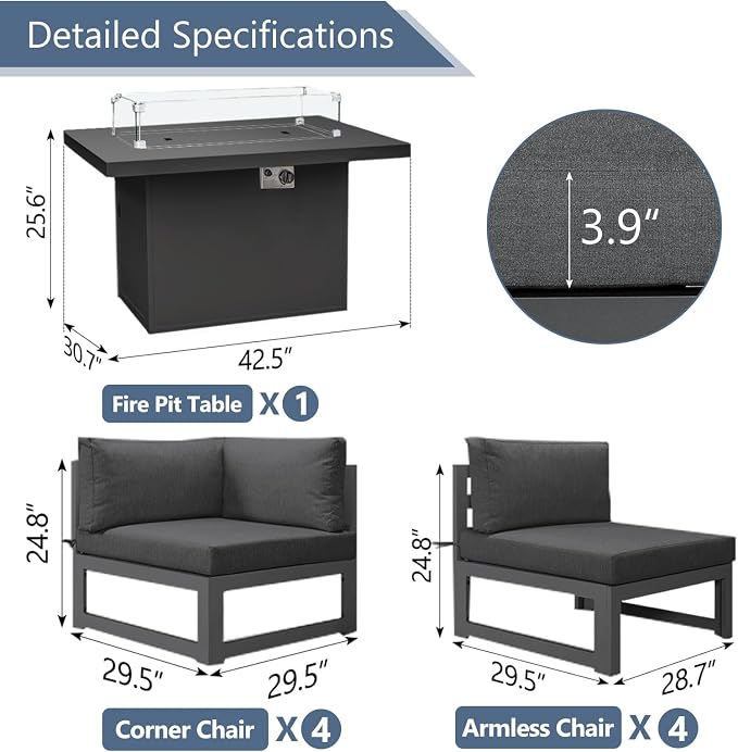 RADIATA 9 Pcs Modern Aluminum Outdoor Patio Furniture Set with Fire Pit Table Propane/Gas, Extra Large All-Weather Modular Sectional Couch, 29" Wide Deep Seating Conversation Sofa for Deck, Dark Grey