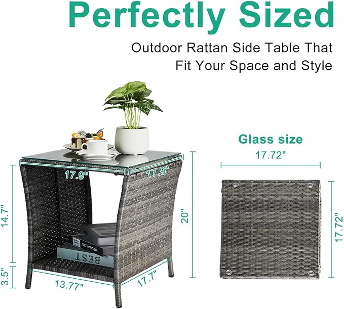 HOMSUPPLIE'S Outdoor Rattan Side Table with Storage, Square Patio Coffee Table w/Tempered Glass Top, Wicker End Table for Porch, Balcony, Poolside & Backyard(Grey,Tempered Glass sty.3)