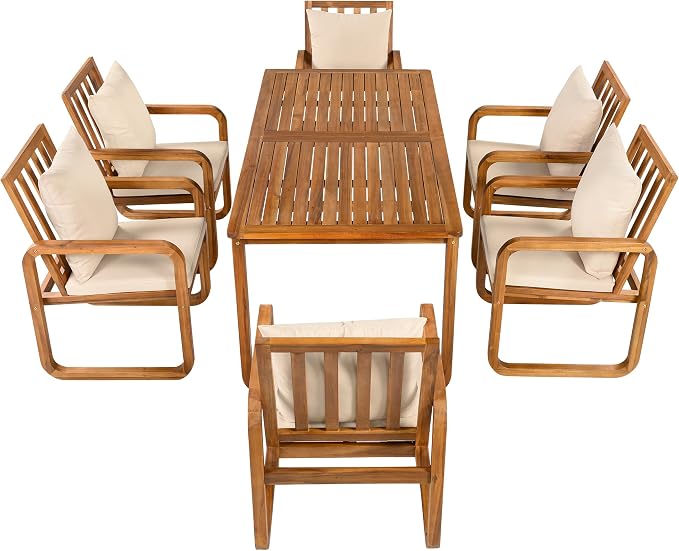 Merax 7 Pieces Patio Dining Set, Outdoor Acacia Wood Furniture for 6, with Table and Removable Cushioned Chairs for Backyard, Brown