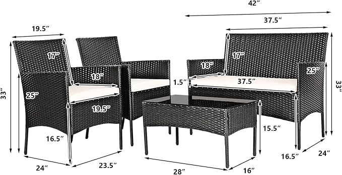 DORTALA Wicker Patio Furniture Set 4 Piece, Rattan Outdoor Table and Chairs Set with Loveseat, Cushions, All Weather Balcony Conversation Sofa Set for Porch, Backyard, Deck, Beige
