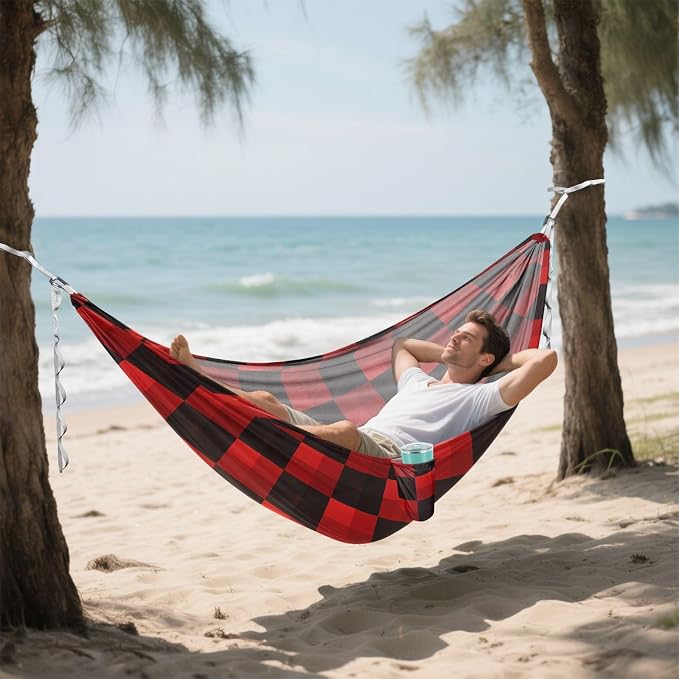 Camping Hammock Outdoor Hammocks for Outside Red Black Check Beach Trees Portable Lightweight with Pockets Tree Straps Indoor Small