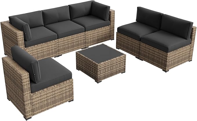 Aoxun 7 Piece Outdoor Patio Furniture Set with Coffee Table, Outdoor Patio Furniture Sets with Waterproof Cover and 4'' Cushion, Wicker Rattan Outdoor Conversation Set for Backyard, Peacock Blue