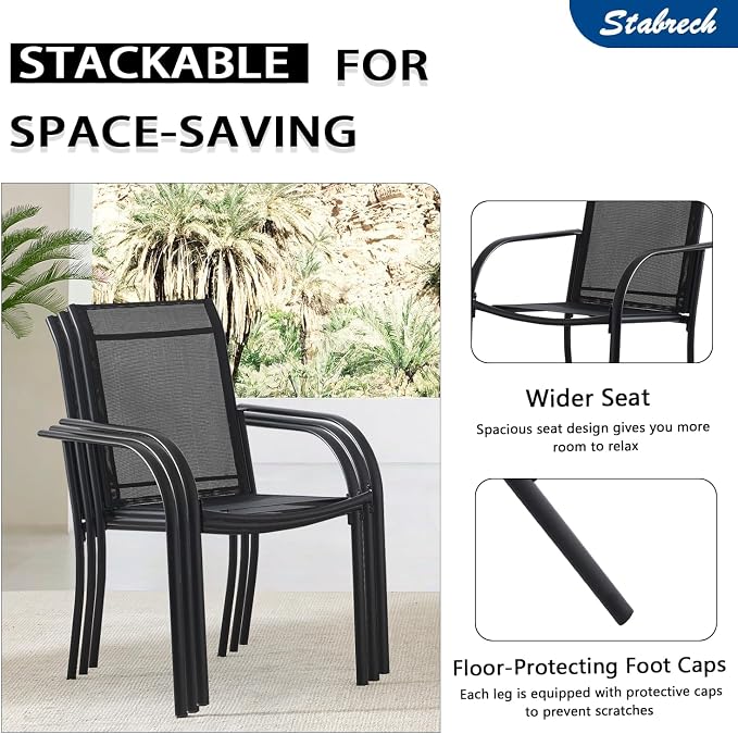 5 Piece Outdoor Dining Set, Patio Table and Chairs Set of 4, 37.5" Black Square Patio Table with 4 Black Stackable Patio Chairs for Lawn, Garden, Porch