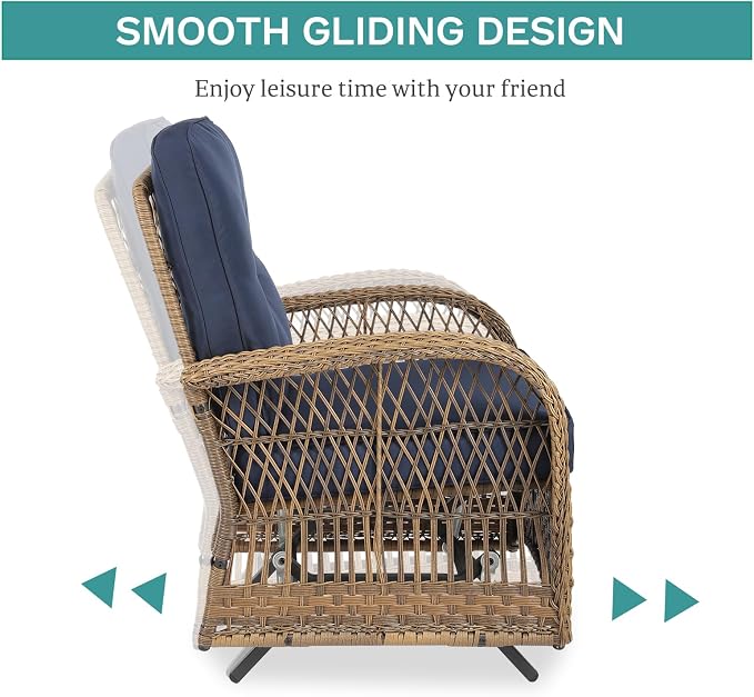 MEETWARM Patio Wicker Rocking Glider Set, All-Weather Outdoor Rattan Patio Rocking Chairs of 2, Patio Conversation Set with Thickened Cushions for Porch Garden & Backyard, Navy Blue