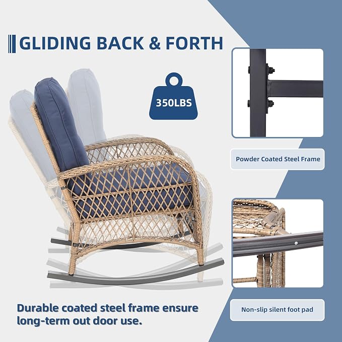 5-Piece Wicker Patio Furniture Sets Outdoor All-Weather Rattan Conversation Set Includes Glider Loveseat, 2 Glass-Top Coffee Tables, 2 Rocking Chairs for Porch Backyard, Navy Blue