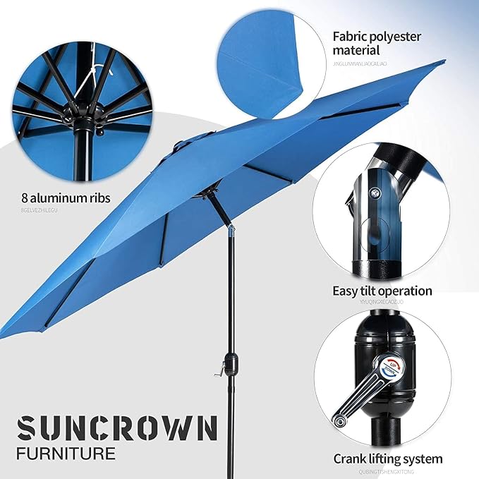 SUNCROWN 6-Piece Outdoor Wrought Iron Chairs and Table Patio Dining Furniture Set - 4 Stackable Metal Chairs, 1 Steel Slat Bistro Table and 1 Sky Blue 9Ft Patio Umbrella for Garden Backyard Deck