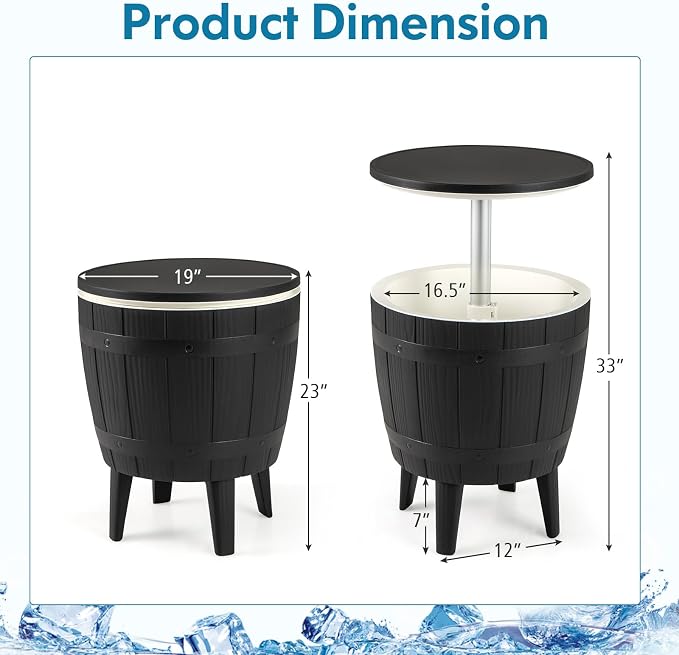 Moccha Outdoor End Table Cooler - 10 Gallon Cooler Side Table with Height Adjustable Tabletop, 3-in-1 Ice Bucket for Beer & Wine Storage, Cocktail Patio Bar Table for Deck Pool Backyard Party (Black)