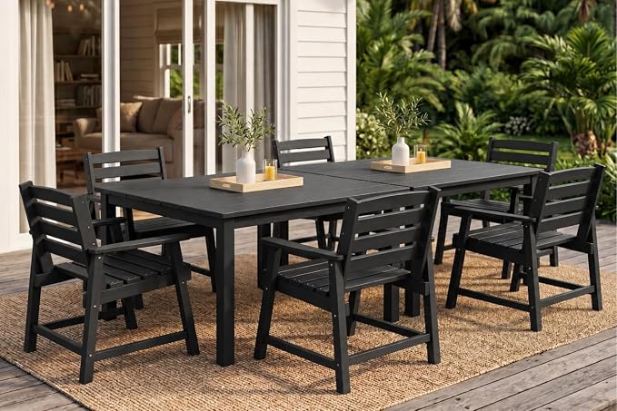 HDPE Outdoor Dining Set for 6, Modular Tables & 6 Armchairs | • Expandable 2-Table Combo • Dual 2" Umbrella Openings • 410 lbs High Weight Limit • All-Weather Polywood