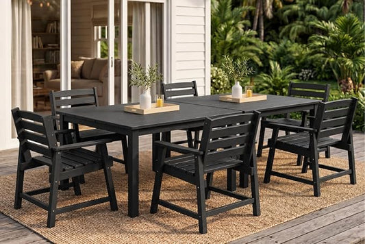 HDPE Outdoor Dining Set for 6, Modular Tables & 6 Armchairs | • Expandable 2-Table Combo • Dual 2" Umbrella Openings • 410 lbs High Weight Limit • All-Weather Polywood