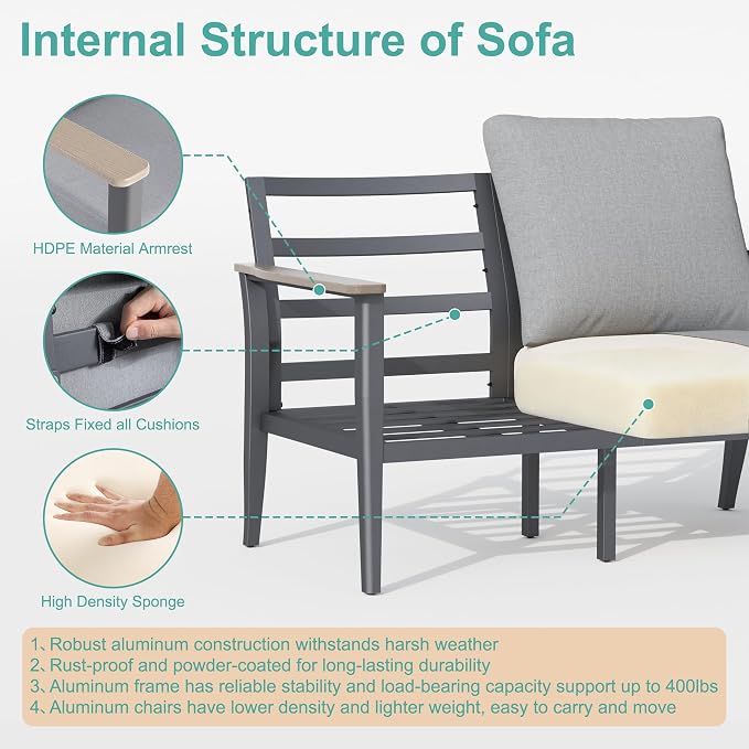 Aluminum Outdoor Patio Furniture Set with Swivel Rocking Chairs 7-Seat, Patio Sectional Sofa Patio Conversation Set with 55,000 BTU Fire Pit Table & High Backrest, Grey