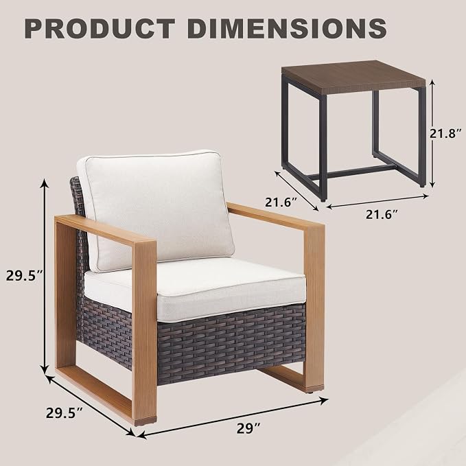 Rilyson 3 Piece Wicker Patio Furniture Set,Patio Bistro Set with 2 Rattan Armrest Chairs and 1 Side Table,Sturdy Frame,All-Weather PE Wicker,Wide Armrest,Deep Seating and Thick Cushions(Brown/Beige)