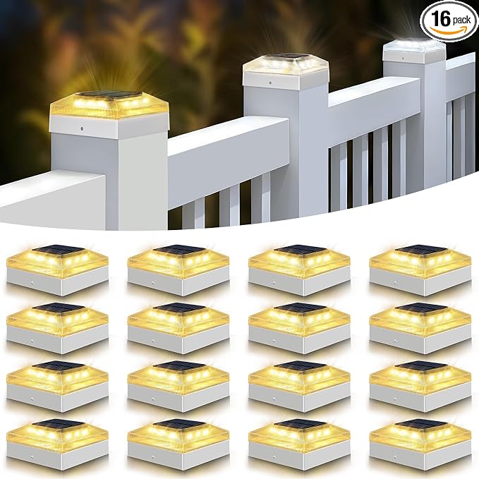 4x4 Solar Post Cap Lights Outdoor 16 Pack, 3 Color Modes/Dusk to Dawn/IP65 Waterproof, Fits 4x4 Vinyl/PVC Wood Posts Top, White LED Fence Topper Light for Deck, Backyard