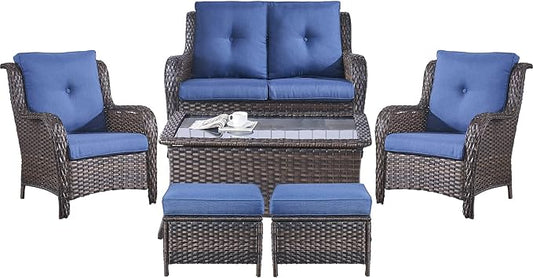 Belord 6 Pieces Patio Furniture Set Outdoor Wicker Furniture, 2 Patio Wicker Chairs with 1 Loveseat Sofa, Coffee Table and Ottomans, Patio Conversation Set for Porch Garden Deck Balcony Poolside