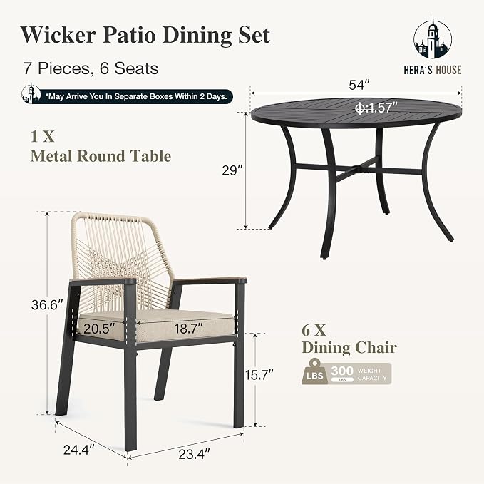 HERA'S HOUSE 7pc Patio Dining Set, 54" Round Table & 6 Rattan Chairs | Metal table with umbrella hole, cushioned chairs. Waterproof, rust-resistant, all-weather for backyard, porch.