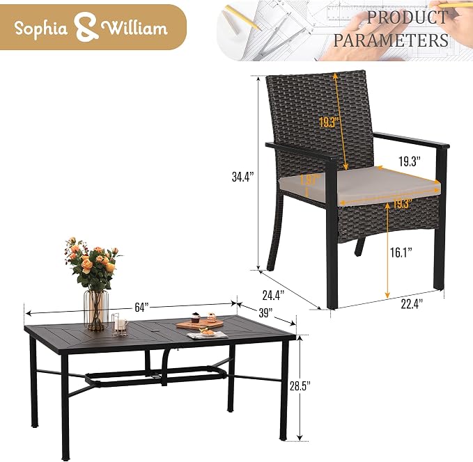 Sophia & William 7-Piece Patio Dining Set, Metal Table, PE Wicker Chairs | All Weather Patio Table and Chairs Set for 6, Perfect for backyard, deck, porch