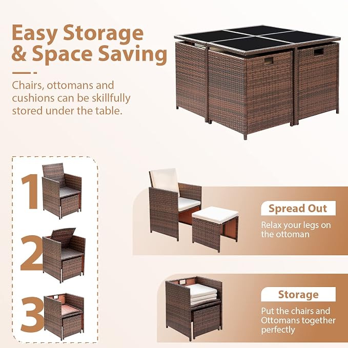 Homall 9 Pieces Dining Outdoor Furniture Patio Wicker Rattan Chairs and Tempered Glass Table Sectional Conversation Set Cushioned with Ottoman (Brown)