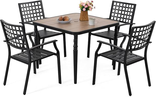 NUU GARDEN 5-Piece Outdoor Patio Dining Set, Wood-Grain Tabletop with Umbrella Hole & Metal Frame, All-Weather Stackable Chairs, Furniture for Backyard Pool Porch Deck, Black