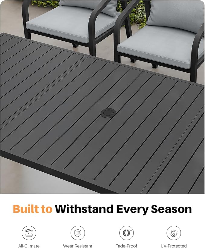 Outdoor Dining Table for 8, Never-Rust Aluminum Patio Dining Table, 82"×35" Large Rectangle Patio Table with Umbrella Hole, Outdoor Table Slatted Tabletop for Balcony, Deck, Commercial, Black