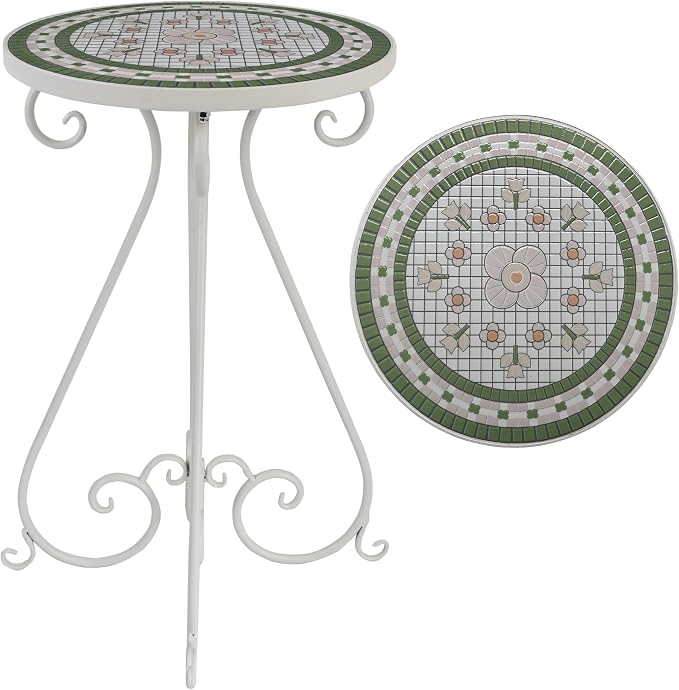 Outdoor Side Table & Mosaic Ceramic Plant Stand, 14" Metal Round End Table for Garden Home Patio Yard Porch Patio Decor Weather Resistant Outside Accent End Furniture (Flower#4)