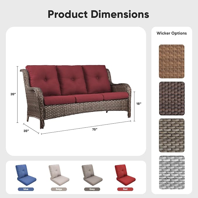 Belord Patio Sofa Luxury PE Wicker 3-Seater Outdoor Couch, Modern All-Weather High Back Deep Seat Woven Furniture Set for Porch, Deck, Balcony, Backyard - Brown/Red