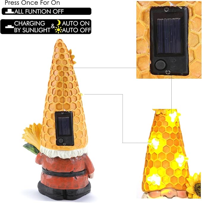 12.3''Garden Sunflower Gnomes Outdoor Statues Clearance for Garden Decor with Solar Bee Lights,Summer Decorations Gnomes Outside Decor - Gifts for Mom Woman,Yard Art Ornament for Patio Lawn
