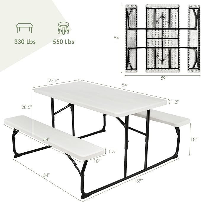 Giantex Folding Picnic Table Bench Set, Outdoor Dining Table Set, Large Camping Table for Patio Deck Lawn Garden Backyard Poolside, Portable Picnic Tables, Weather Resistant Metal Frame, White