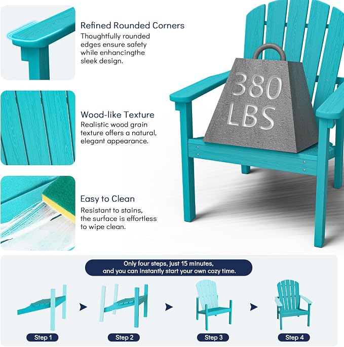 nevilywood Compact Stackable Adirondack Chairs Set of 4,HDPE,380lbs,Aruba | 26.3" Wide HDPE.All-Weather Outdoor.Maintenance-Free.Stackable for Storage.25°Curved Straight Backrest.Quick Assembly