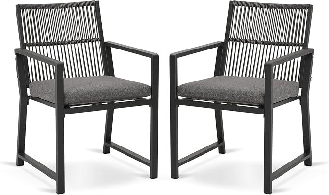 Outdoor Patio Wicker Rattan Dining Chairs, Heavy-Duty Wrought Iron Frame Supports 400lbs, Ergonomic Backrest, Detachable Breathable Cushion, for Garden & Porch, Black, Set of 2