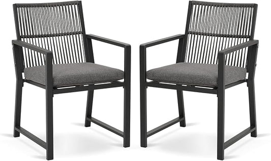 Outdoor Patio Wicker Rattan Dining Chairs, Heavy-Duty Wrought Iron Frame Supports 400lbs, Ergonomic Backrest, Detachable Breathable Cushion, for Garden & Porch, Black, Set of 2