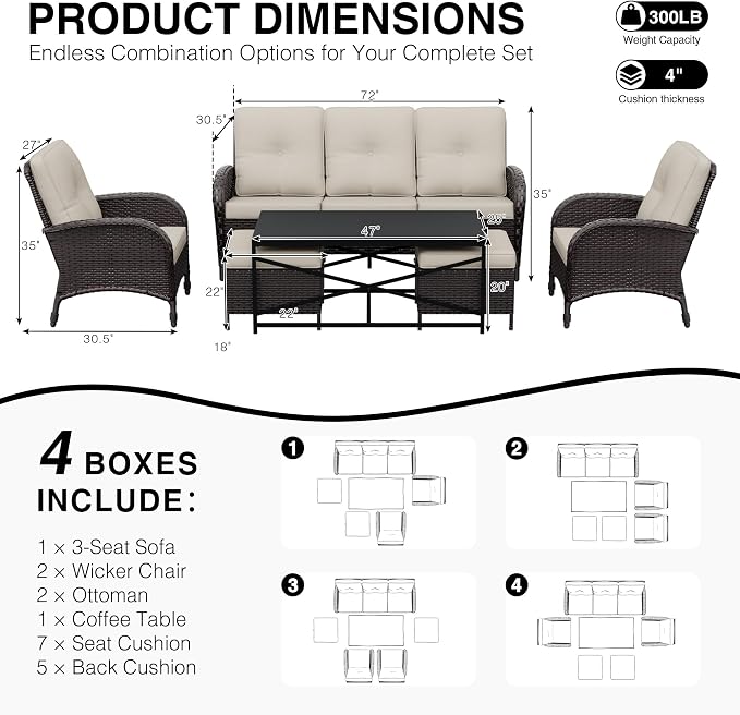 Joyside Wicker Patio Furniture Set, 6 Piece Outdoor Furniture Set with Thickened Cushions, High Back, Deep Seating, Wide Armrest, Rattan Outdoor Chairs for Porch, Deck