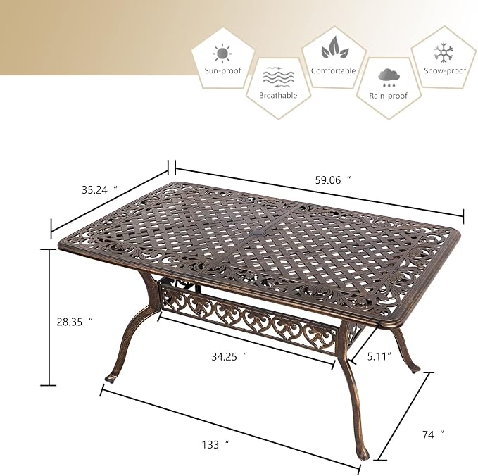 Grepatio Patio Dining Table Outdoor Cast Aluminum Rectangular Table Weather-Resistant People Party Large Table with 2" Umbrella Hole for Lawn Backyard Garden, Black and Bronze 59.06“x35.24"x28.35"