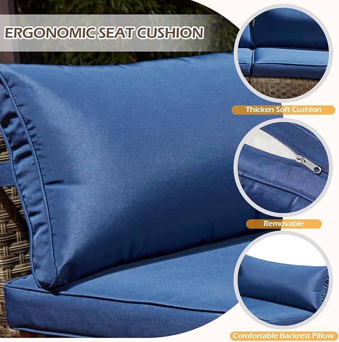 ECOTOUGE Large Half-Moon Outdoor Patio Furniture Set, 9 Piece Wicker Rattan Patio Sectional Furniture Sofa Set Conversation Set for Pool Backyard Balcony Garden(Blue)