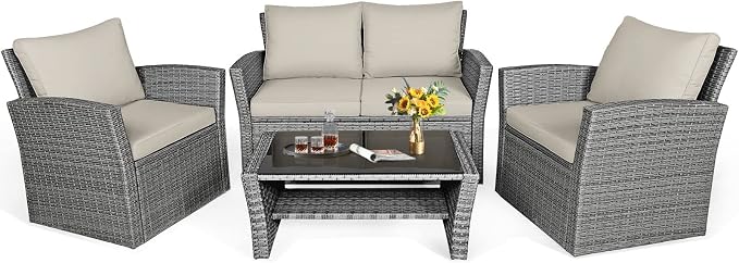 HAPPYGRILL 4 Pieces Conversation Set Outdoor Patio Rattan Furniture Set with Cushions and Coffee Table, Sectional Wicker Sofa Set for Garden Porch Balcony Poolside
