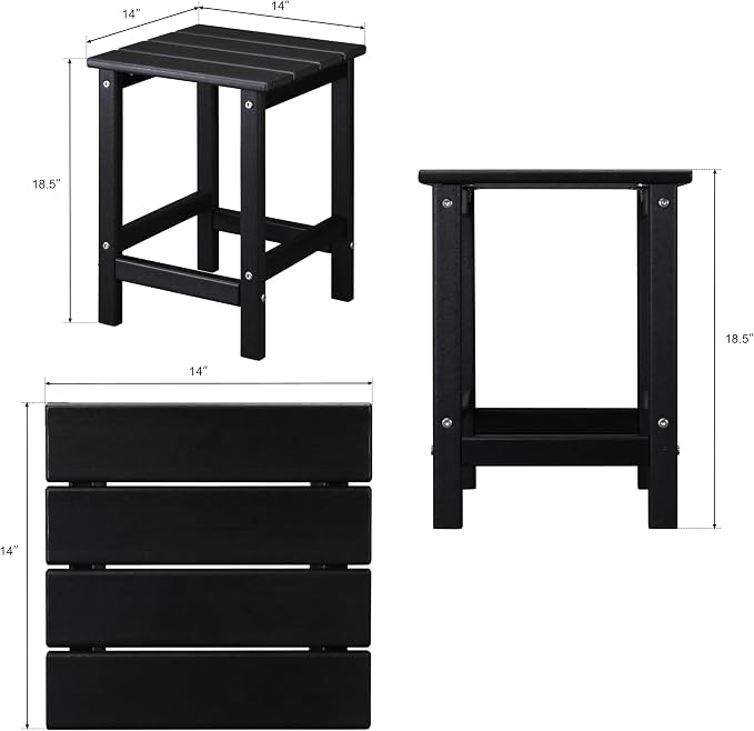 HDPE Outdoor Side Table, 14 Inch Square Patio End Table, Weather Resistant Small Outdoor Table for Adirondack Chairs, Waterproof Outside Table for Porch, Garden, Deck, Pool, Black