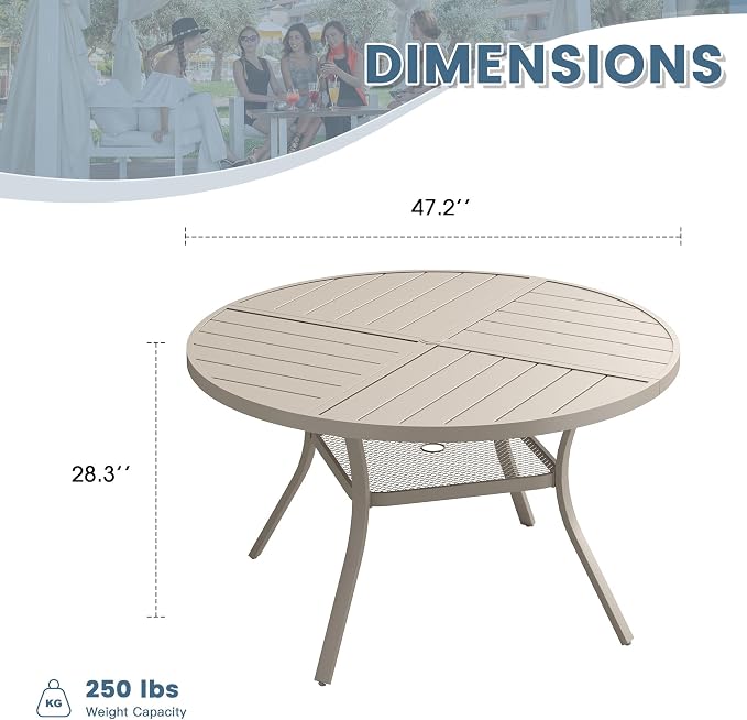 DIFY 47.2" Round Outdoor Patio Dining Table for 6, All-Weather Metal Steel Slatted Patio Table with 1.57" Adjustable Umbrella Hole, for Lawn Garden Porch Backyard, Sandshell