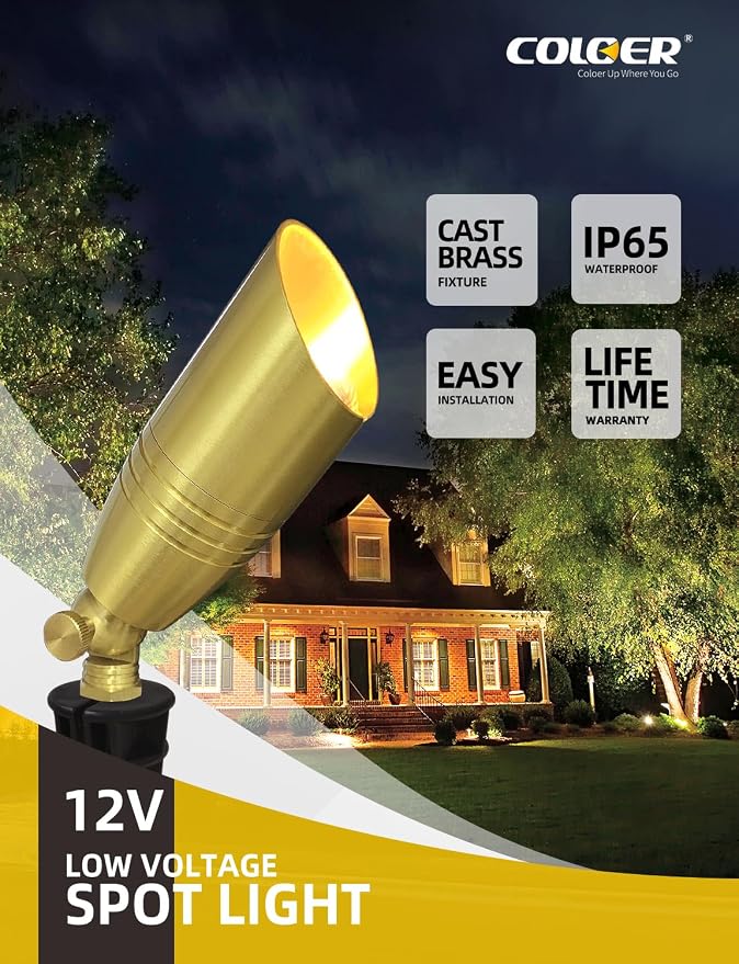 COLOER Die-cast Brass Landscape Spotlight 12-Pack with 5W Aluminum Housing LED MR16 Bulb,12V AC/DC Low Voltage Copper Outdoor Lighting, Directional Garden Patio Spot Up Light (102B Copper Finish)