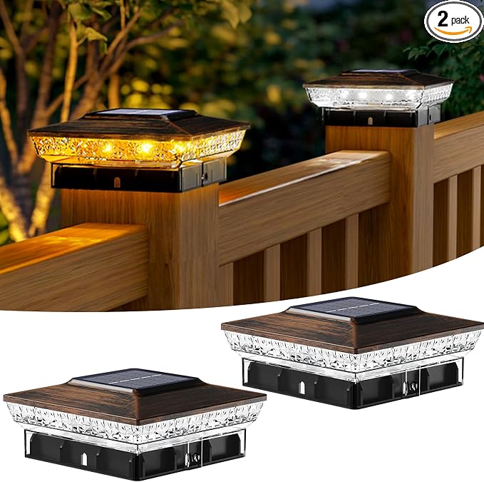 btfarm 4x4 Solar Post Cap Lights Outdoor, 2 Modes 16 LED Fence Deck Post Lights, 2 Pack Waterproof Solar Powered Lighting Outside Fit 4x4 3.5x3.5 Wooden/Vinyl for Porch Patio Garden, Copper Cap