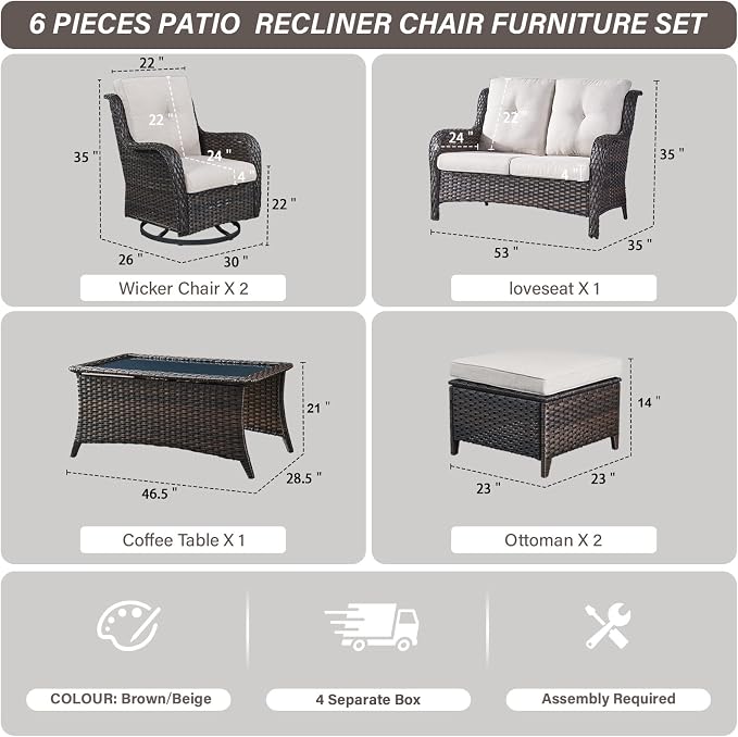 Belord 6 Piece Wicker Patio Furniture Set, Outdoor Swivel Rocker Chairs Set of 2 with Ottomans and Loveseat, All Weather Patio Conversation Furniture Set, for Pool,Yard,SunroomBrown Wicker/Beige