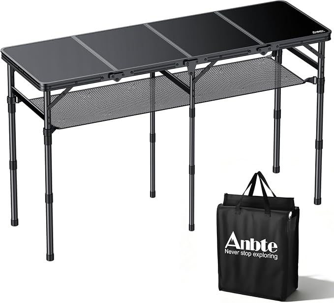 Anbte 4-Fold Camping Table with Storage Net, 3 Adjustable Height Max 27.5” | 4ft Aluminum Portable Table, Portable & Compact, 46” x 16”, for Picnic Beach Outdoor Indoor Backyard RV Travel, Black