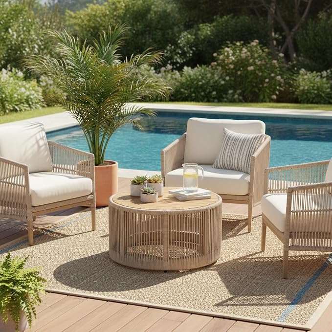 Outdoor Rattan Coffee Table with Solid Acacia Wood Tabletop, Patio Round Coffee Table Side Table (Beige)