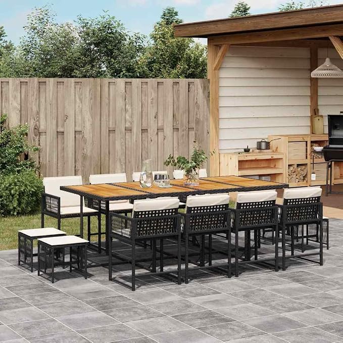 12-Seater Garden Dining Set Black PE Rattan Outdoor Table and Chairs Foldable Patio Furniture Set with Acacia Wood Top for Backyard Terrace and Deck