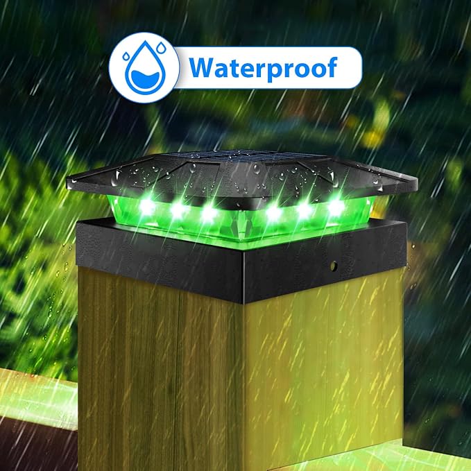 4x4 Solar Post Lights Outdoor, 4 Packs Green & Warm White LED Fence Caps Light Waterproof, Wood & Vinyl Post Top Lighting for Deck Mailbox Railing Porch Outside