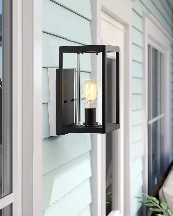 Beionxii Dusk to Dawn Outdoor Wall Lights, Modern Exterior Wall Sconces Porch Lantern, Black Cast Aluminum w/Clear Cylinder Glass - A291W-2PK