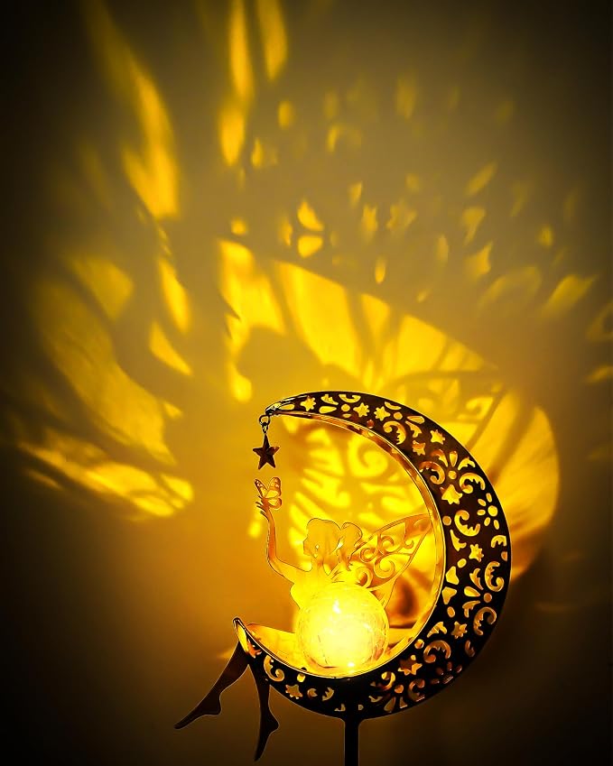 Vuees Solar Fairy Moon Garden Stake Light, Outdoor Yard Patio Decor Gift | Auto dusk glow; no wiring; rust-resistant metal; warm patterned reflections; pathway, lawn and backyard accent