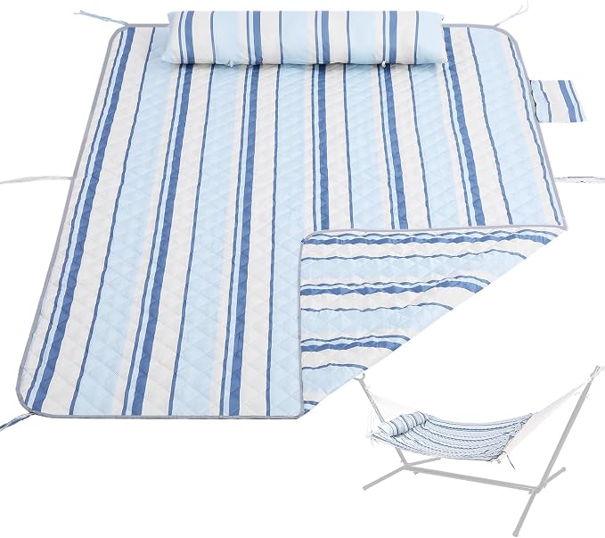 Double Hammock Pad and Pillow Set,78" x 55"Polyester Quilted Hammock Pad, Enhanced Comfort for Rope Outdoor Patio, Garden, Beach Hammocks, BlueStripe