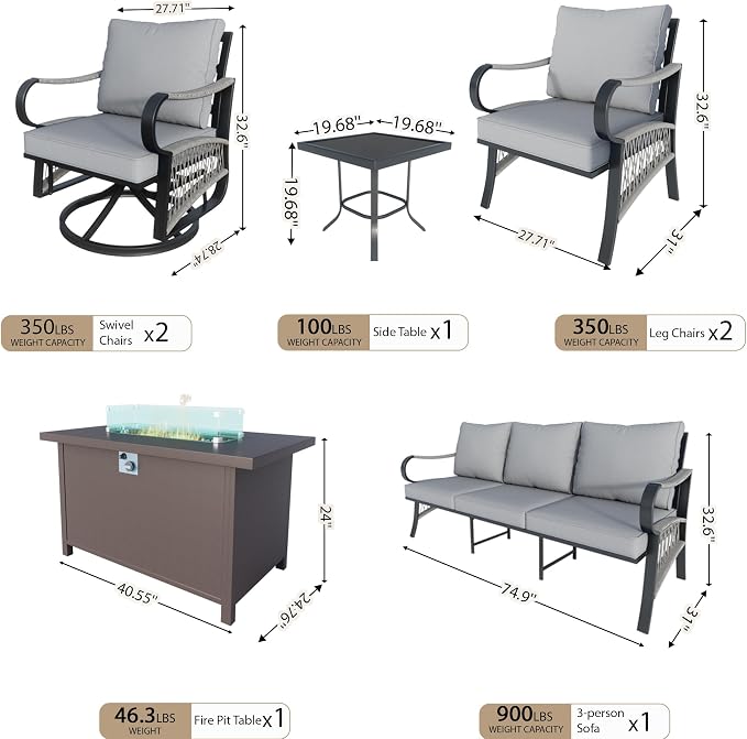7 Pieces Patio Conversation Sets, All Weather Metal Outdoor Furniture Set 3-Seater 2 Single Chairs 2 Swivel Rockers with Side Table and Fire Pit Table for Backyard Garden Deck Porch Poolside, Gray